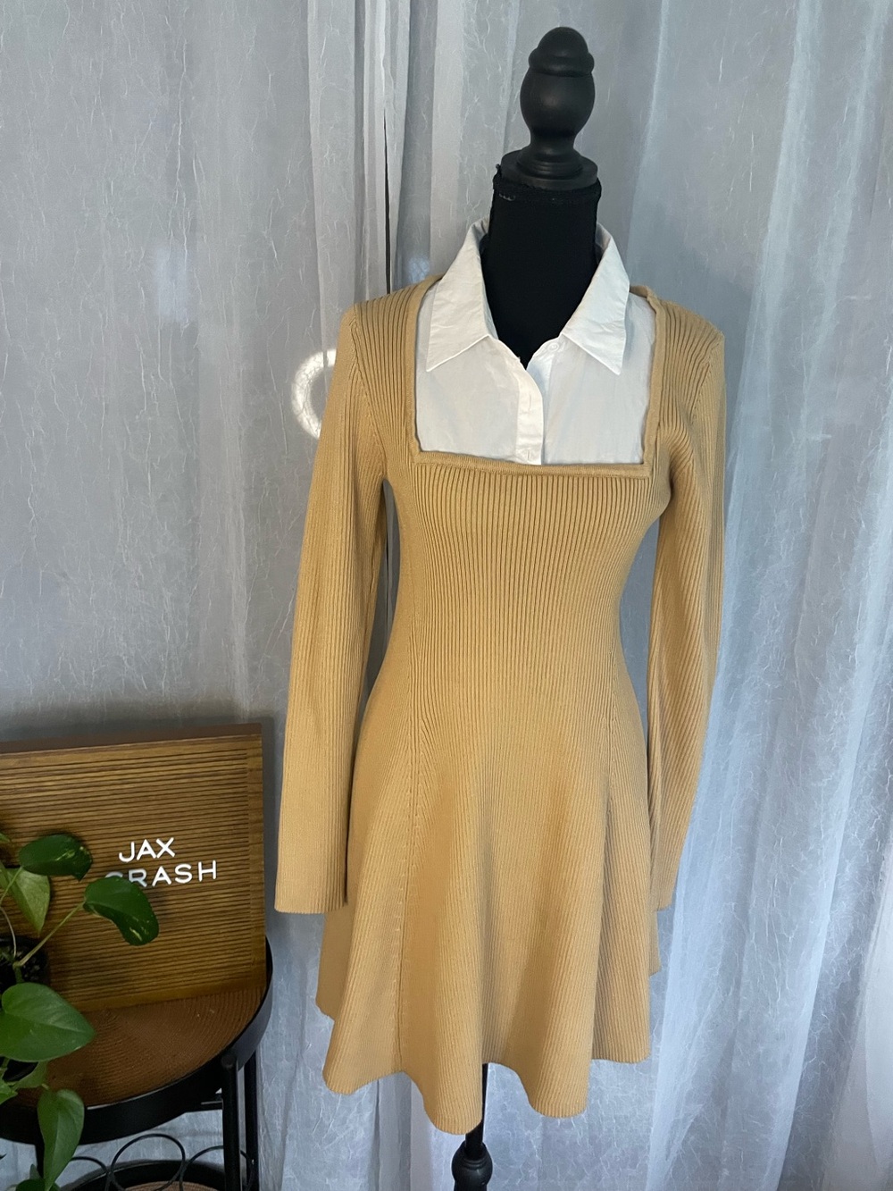 English Factory Cream Ribbed Long-Sleeve Fit & Flare Dress with White Collar